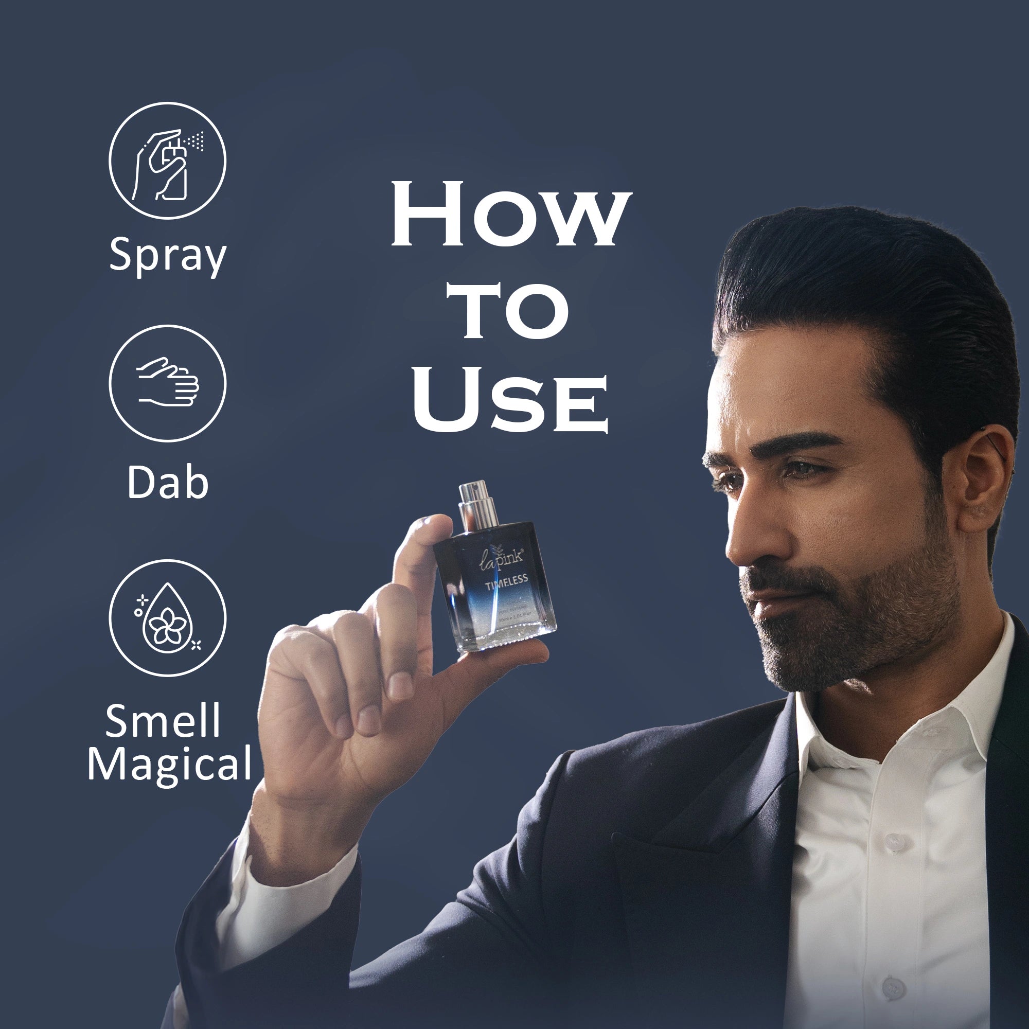 Man holding a perfume bottle with instructions on how to use it on a dark background