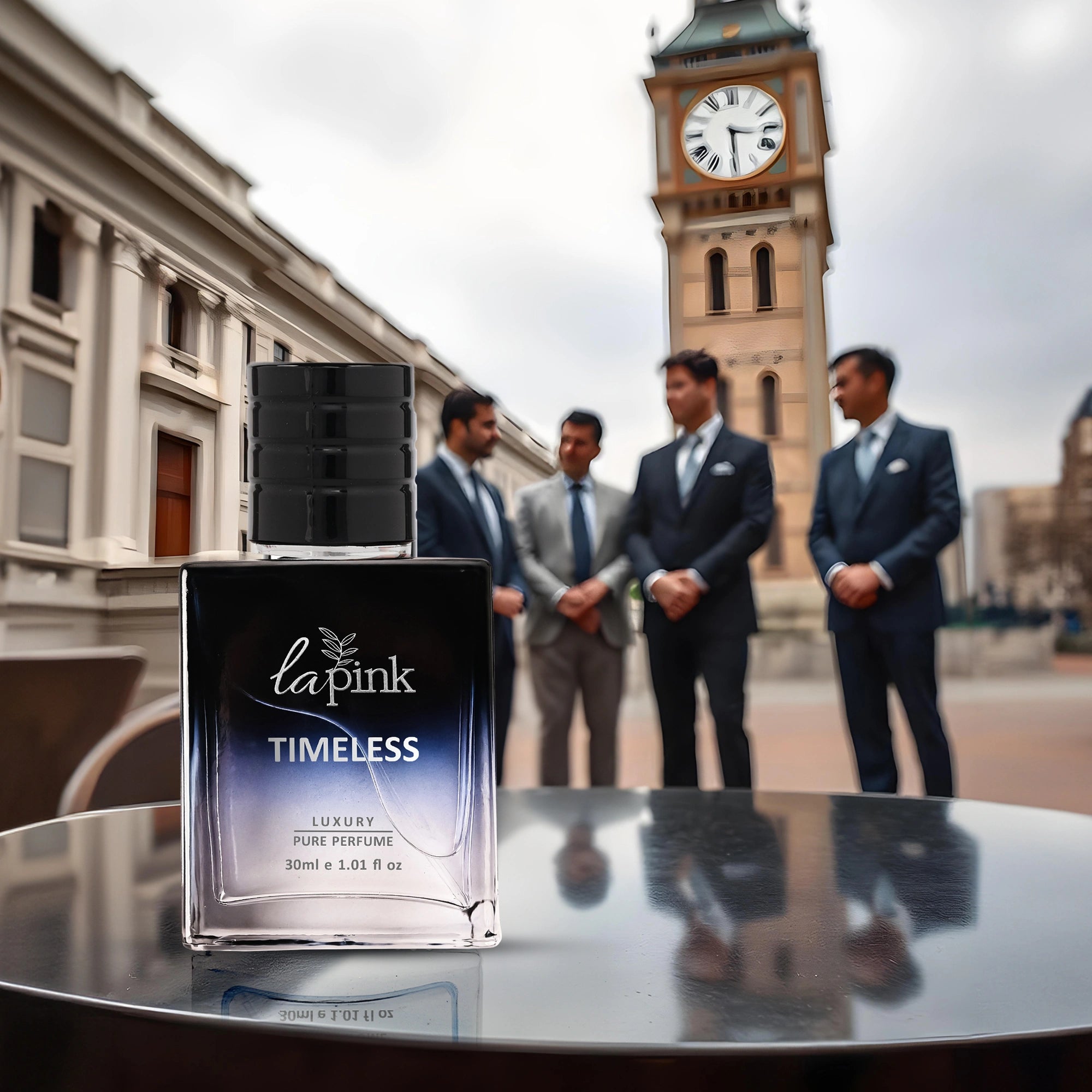 Lapink Timeless perfume bottle on a table with people and a clock tower in the background