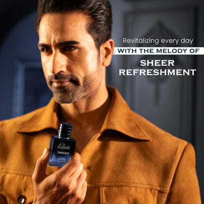 Man holding a perfume bottle with promotional text about freshness and refreshment.