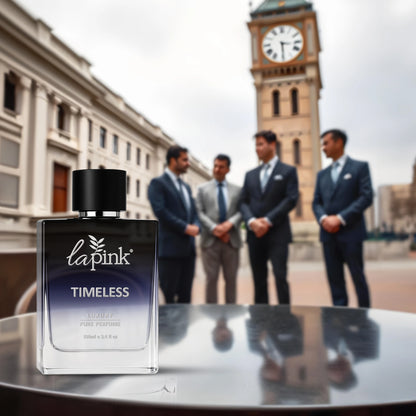 Lapink Timeless cologne bottle on a table with a blurred background of men in suits and a clock tower.