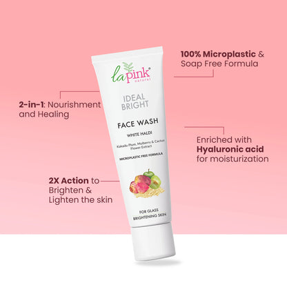 Tube of lapink Ideal Bright Face Wash on a pink background