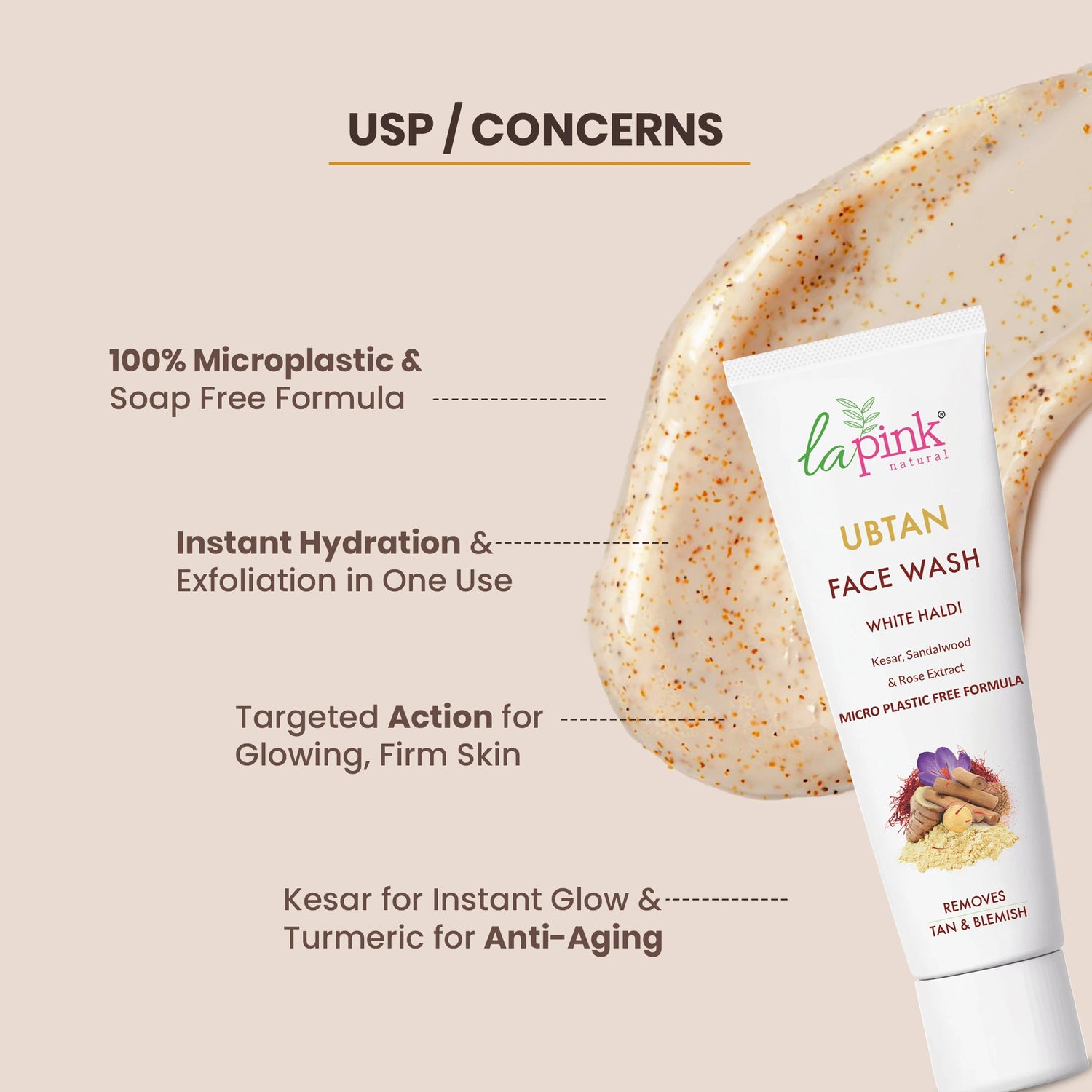 La Pink Ubtan Face Wash tube with product features on a beige background